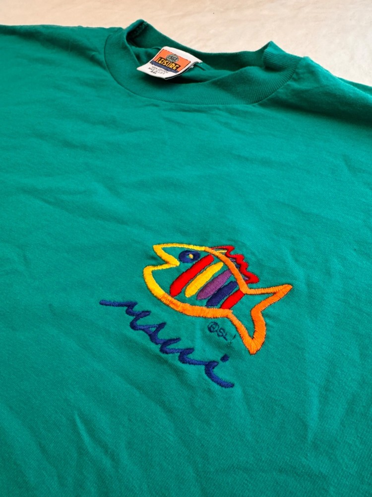 Vintage 90s Maui Fish Embroidered T Shirt XXL Teal Beach Surf Tropical Graphic T