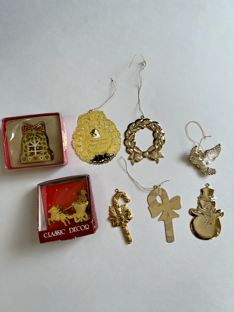 Brass Christmas Ornaments, Lot of 8 Vintage Snowman, Santa Sleigh, Dove, Bell,