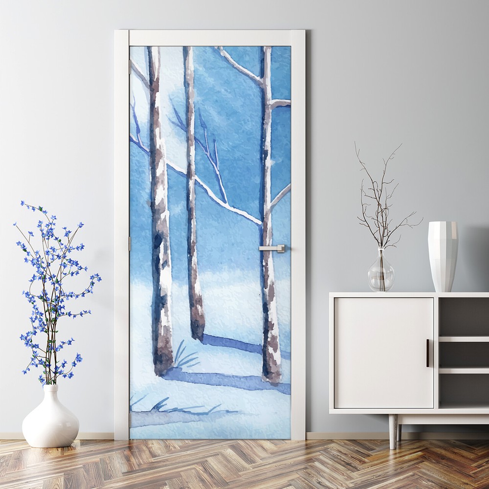 Watercolor Winter Forest Snow Scene Door Decal Sticker  