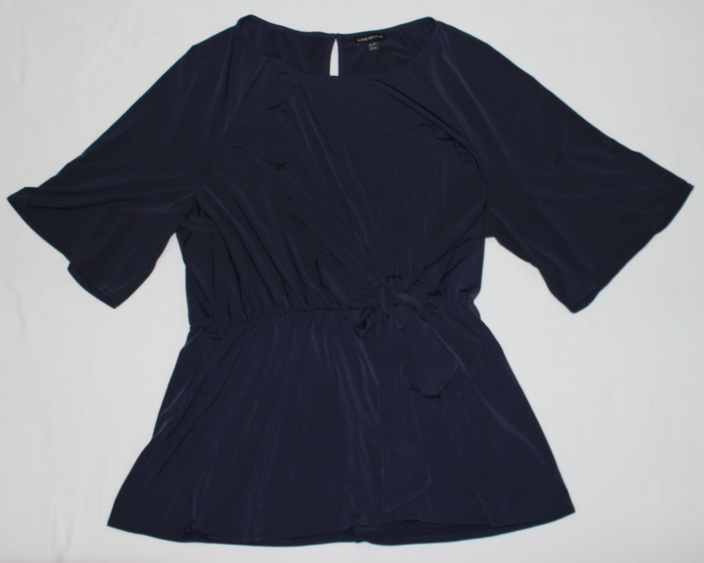 Lane Bryant Women's Blouse Size 22/24 Navy Blue 3/4 Sleeve Faux Wrap Babydoll