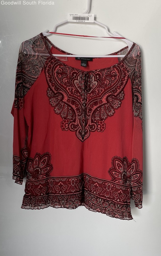 INC International Concepts Womens Red Printed Long Sleeve Blouse Top Size Small