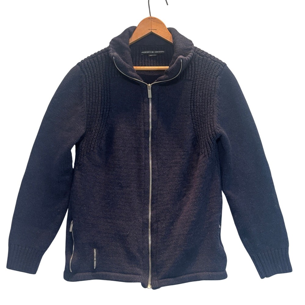 Porsche Design 100% Pure Wool Sweater 52 Blue Cardigan Zip Knit Made in Italy