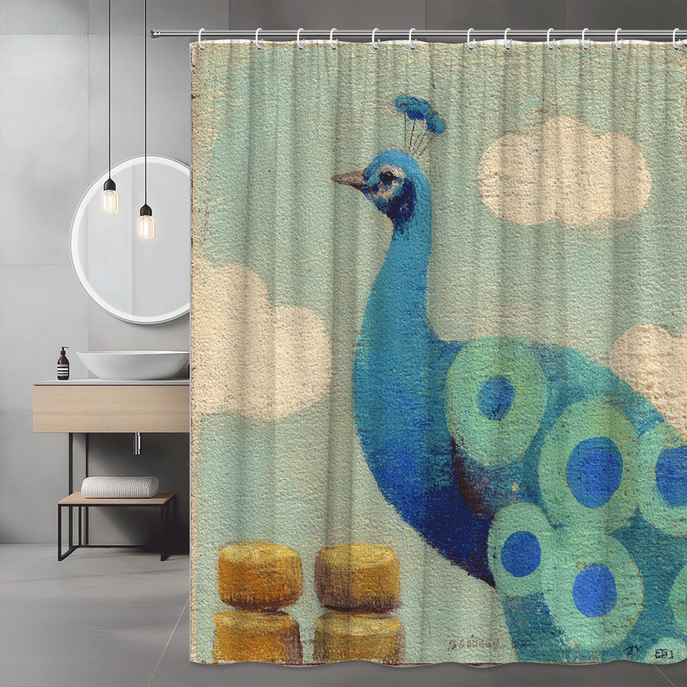 Peacock and Clouds Shower Curtain Blue Green Print