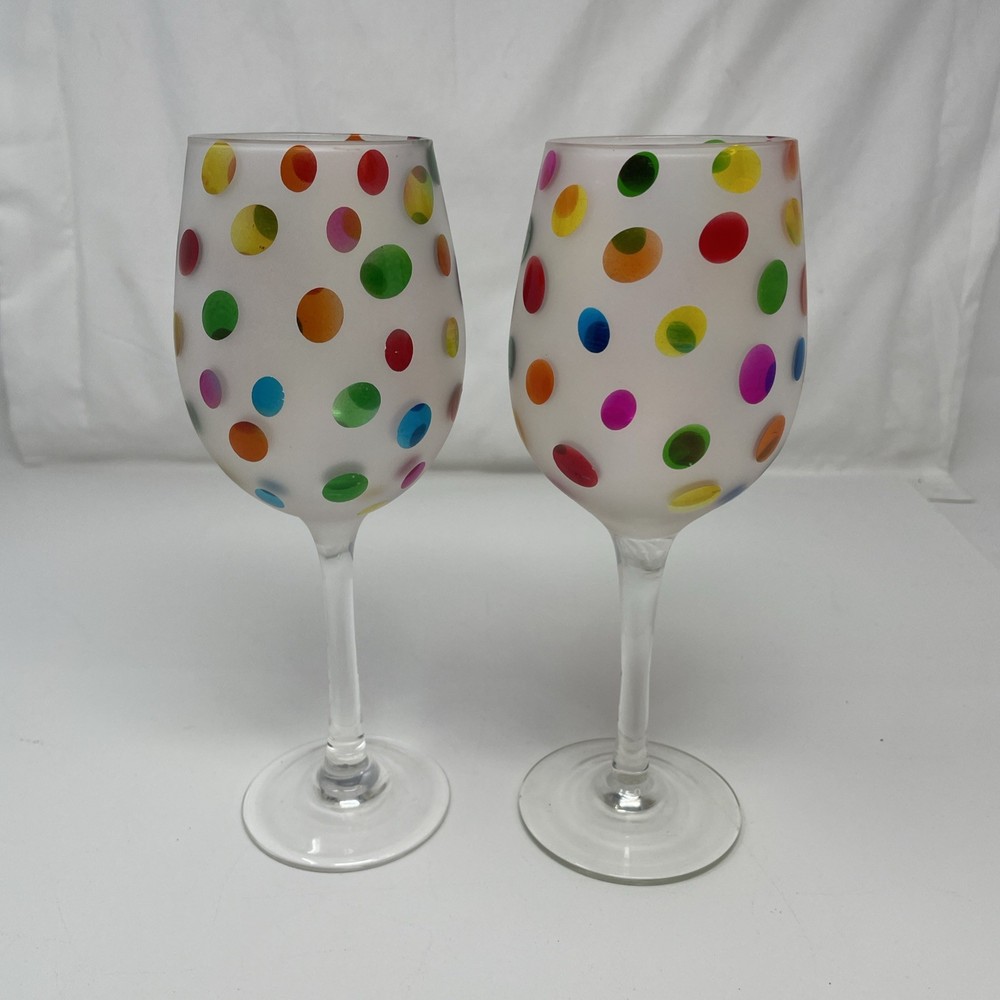 Set of 2 Pier 1 One Colorful Dot Balloon Frosted Wine Glasses 8 1/2” Tall
