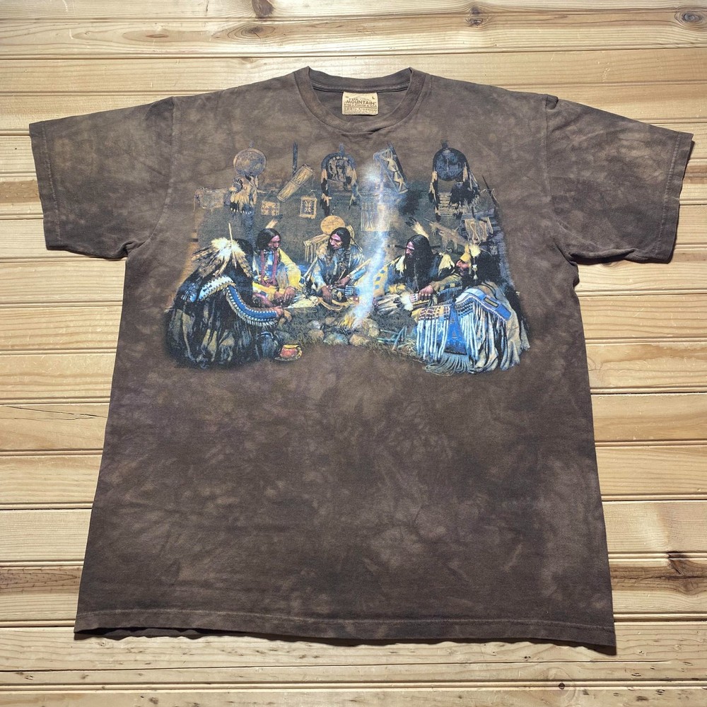 Vintage 90s Native American Chief Campfire Tie Dye Graphic T-Shirt USA - Large