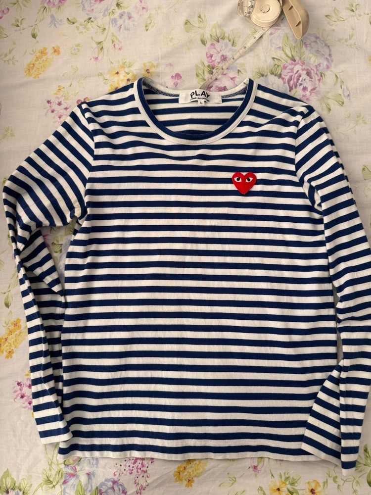 Authentic Comme des Garcons Play Striped  T-Shirt NavyWhite Size Red Heart Logo