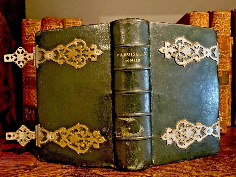 1881 Antique Roman Missal Prayer Book w/ Ornate Metal Clasps, Leather Binding