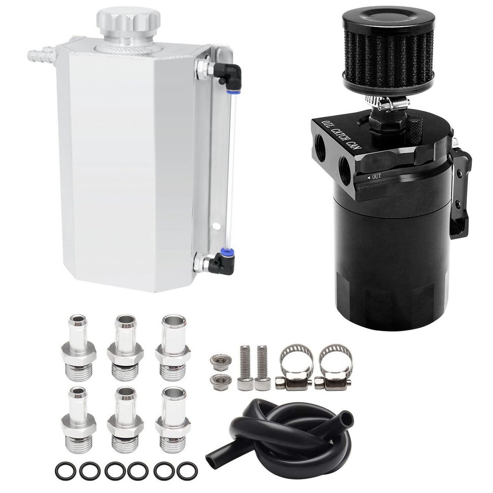 2L Coolant Radiator Overflow Tank +300ml Baffled Oil Catch Can w/Breather Filter
