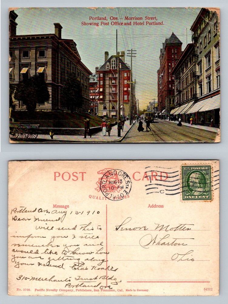 Portland, OR-Oregon, Morrison Street Hotel & Post Office Vintage c1910 Postcard