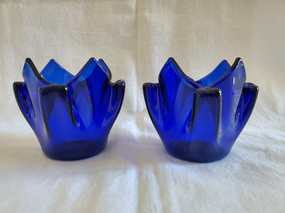 PartyLite Blue Glass Flower Candle Holders Set of 2