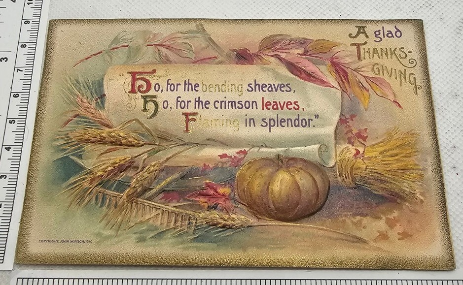 ATQ Ephemera Postcard Posted 1910 Embossed Thanksgiving Franklin 1c stamp
