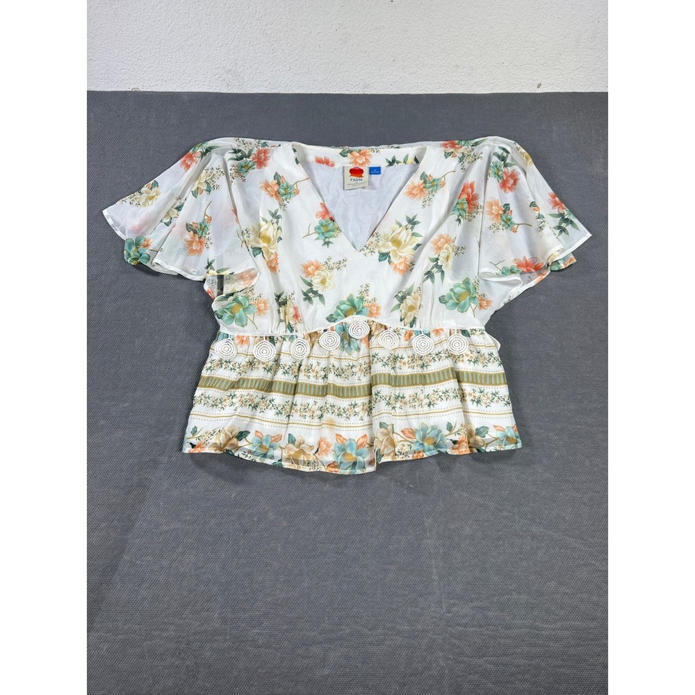 Farm Rio for Anthropologie Floral Peplum Top V-Neck Flutter Sleeve XS White