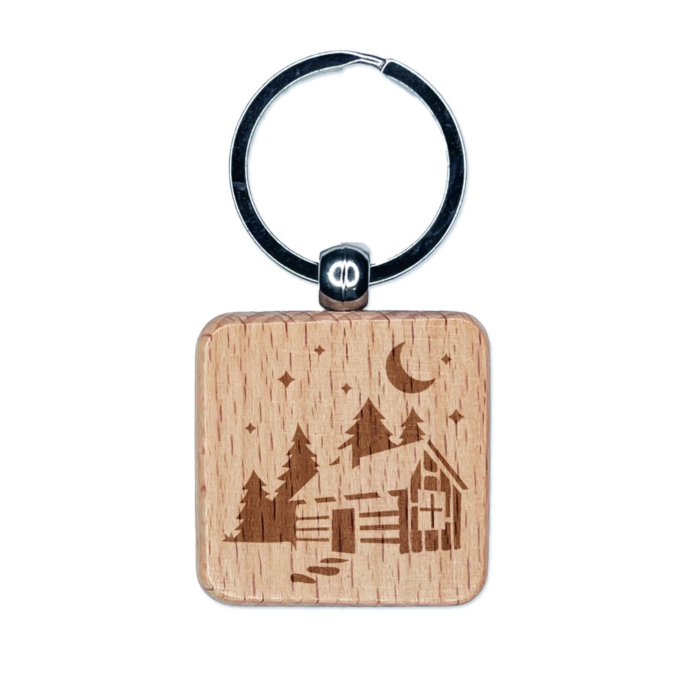 Cozy Log Cabin Outdoors Trees Woods Engraved Wood Square Keychain Tag Charm