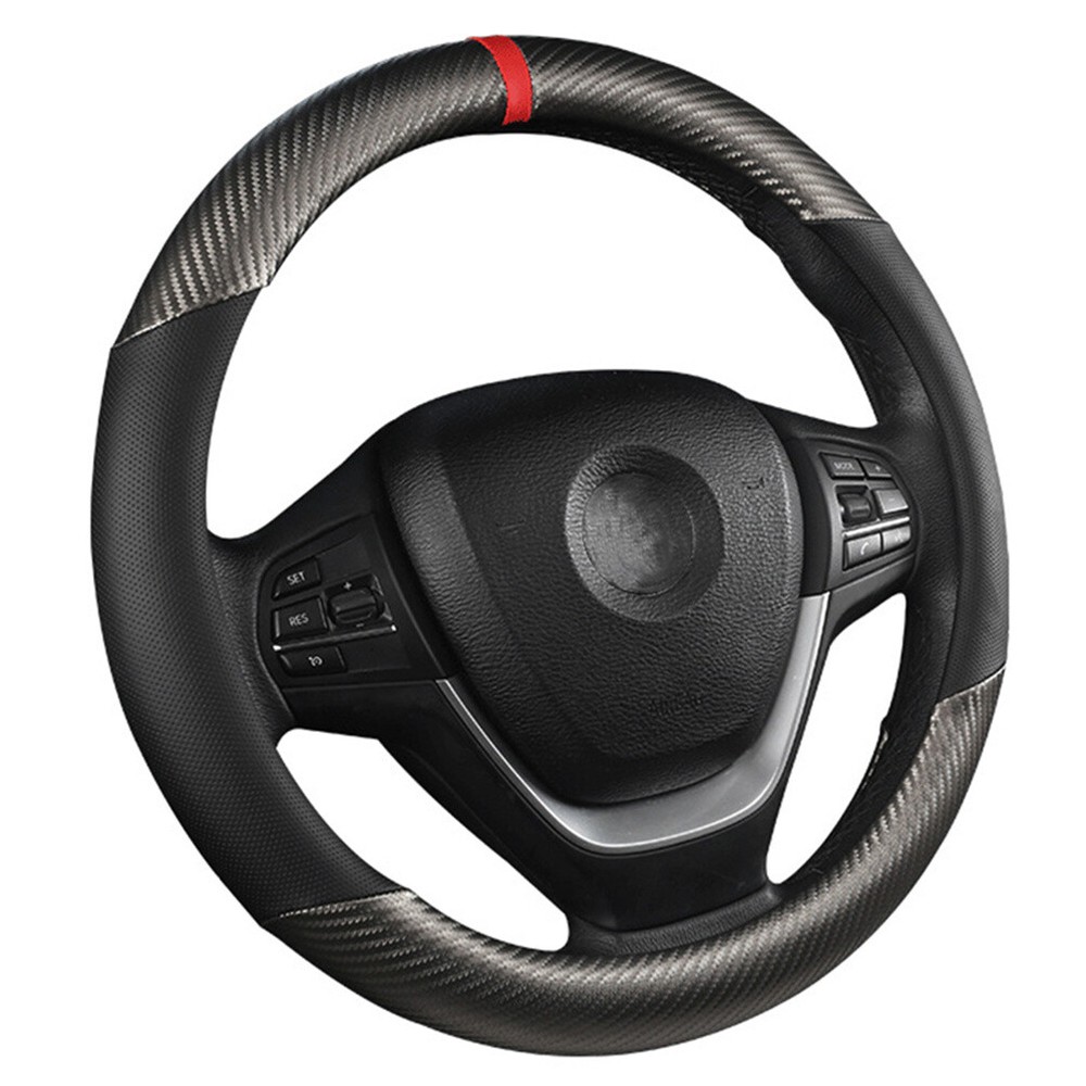 Car Steering Wheel Cover Carbon Black Leather Breathable Anti-slip Accessories