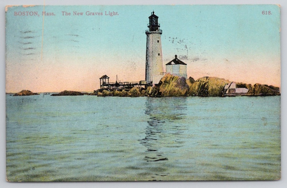 1911 The Graves Light Lighthouse Boston Harbor Massachusetts Postcard