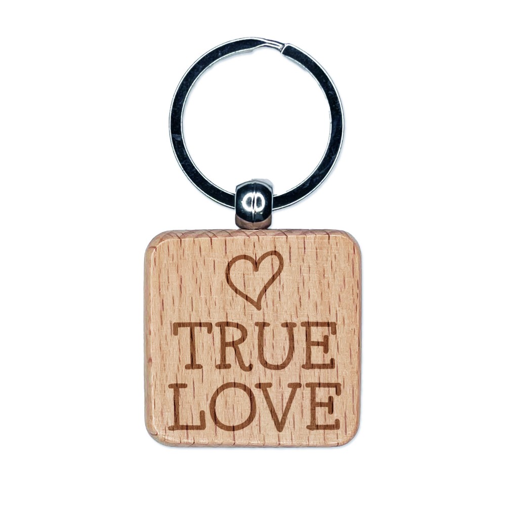 Romantic Engraved Wood Heart Keychain with True Love Text  