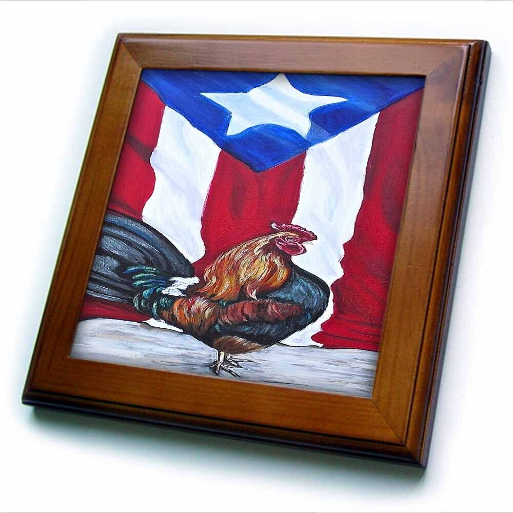 3dRose Rooster with Puerto Rican Flag 8x8 Framed Tile