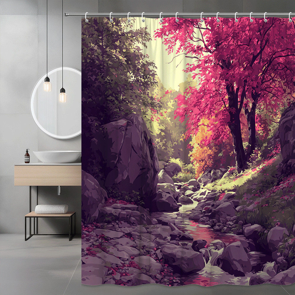 Shower Curtain Forest Stream Pink Purple Landscape Graphic