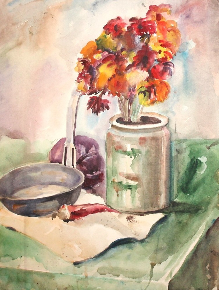 Vintage watercolor painting still life with flowers, pepper and frying pan