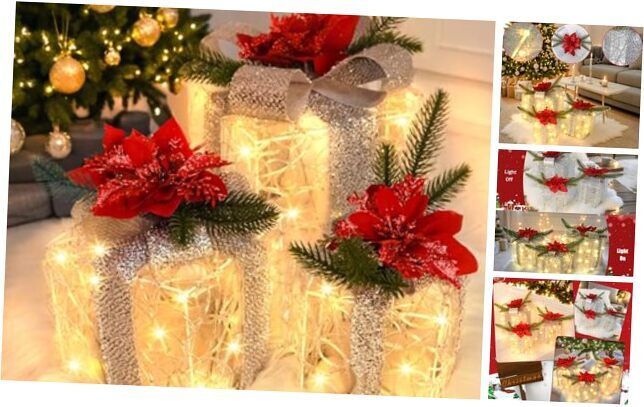 Christmas LED Lighted Gift Boxes Set of 3 with 60 White Lights