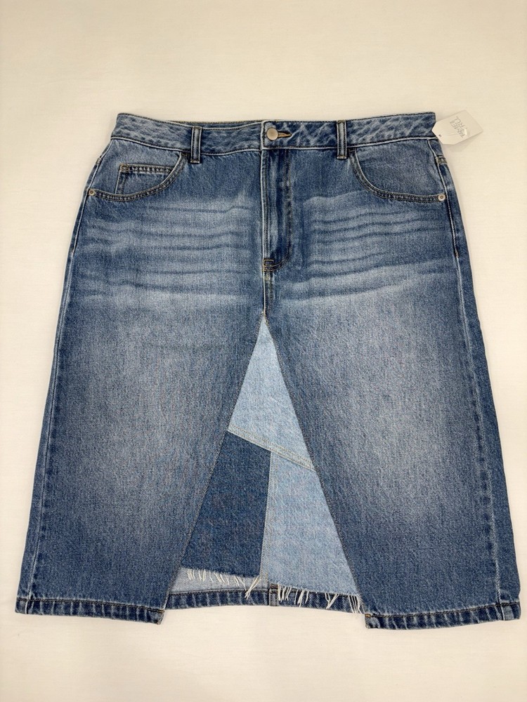 NWT Time Tru Skirt Womens 14 Blue Denim Patchwork Knee Length Pockets Jean