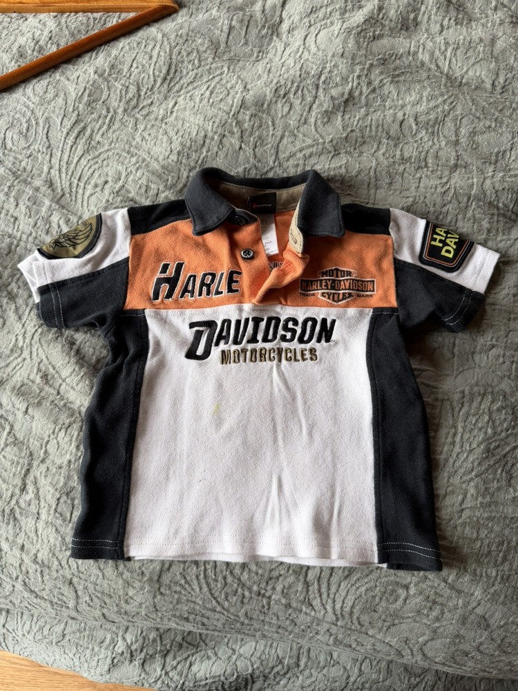 Harley Davidson Button Up Shirt Toddler Boys Size 3T Kids Baby Orange Black
