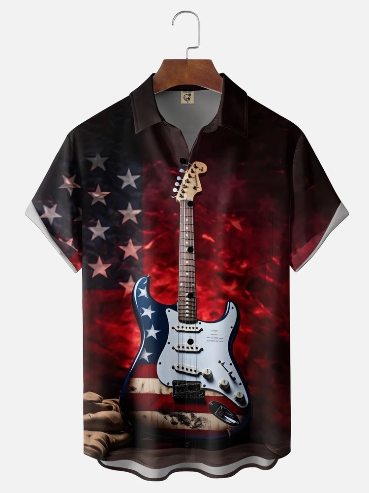 American Flag Guitar Music Chest Pocket Casual Shirt