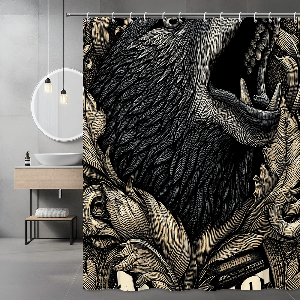 Black Bear Floral Graphic Shower Curtain, Vintage Nature Print