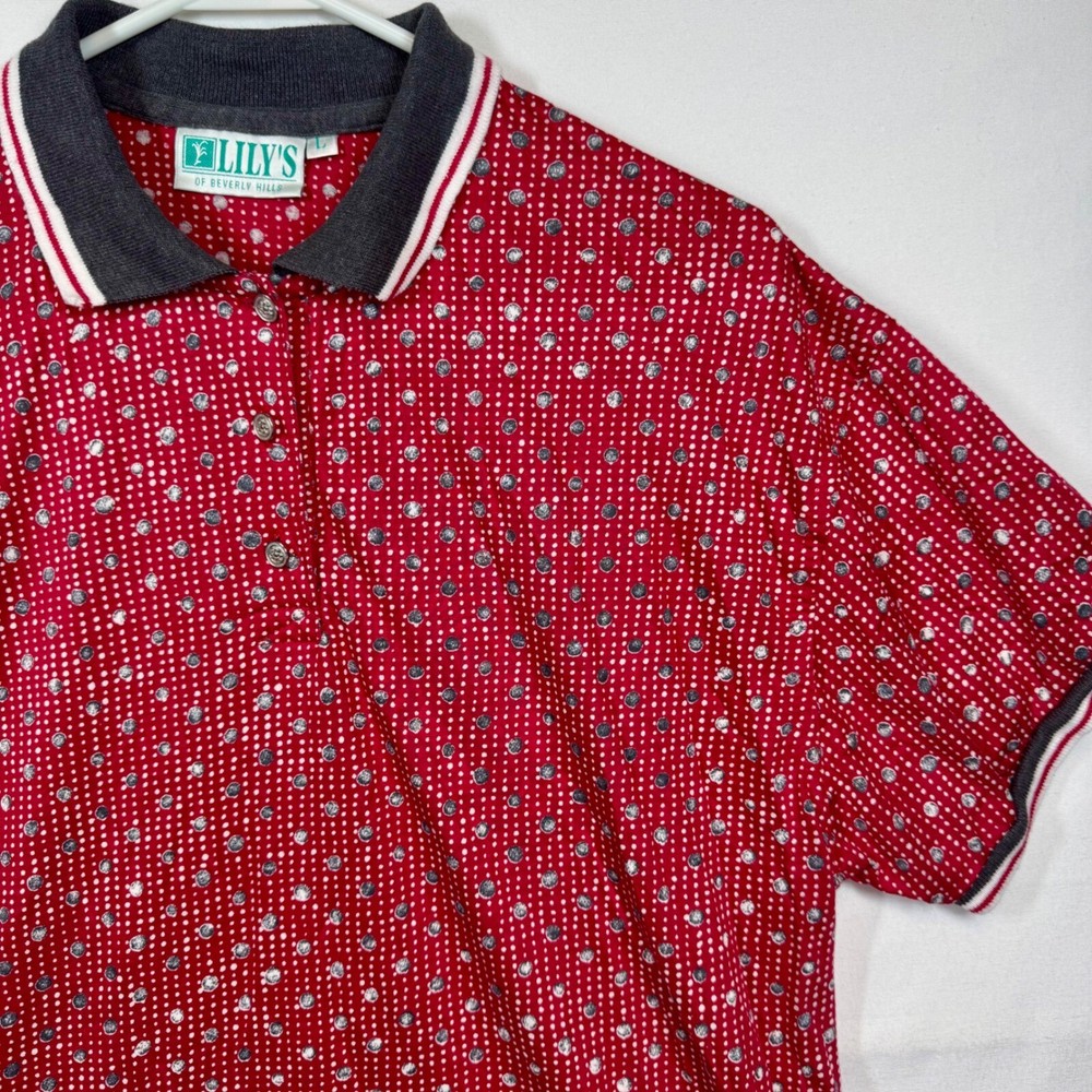 Lilys Beverly Hills Red Polka Dot Polo Short Sleeve Top Size Large