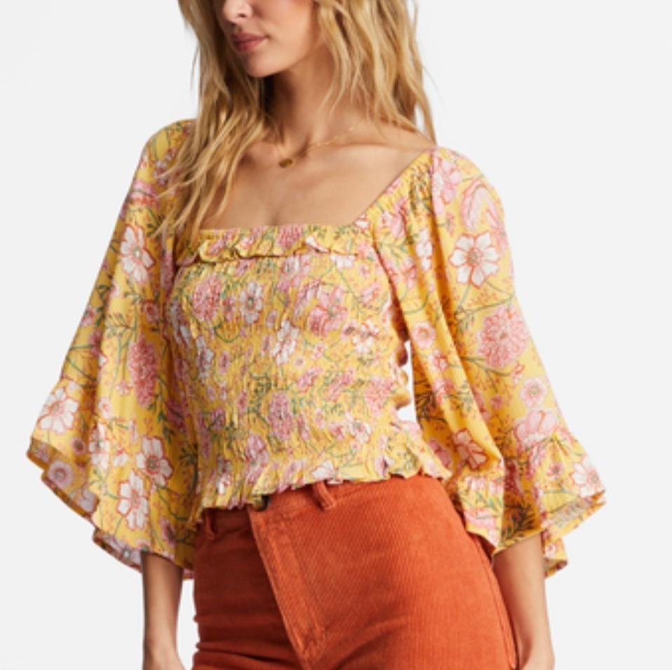 BILLABONG Be My Babe Crop Top Sz M Yellow Floral Bell Sleeve Square Neck Ruffled