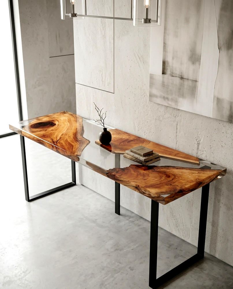 Transparent Epoxy River Console Table – Live Edge Wood Entryway Table – Custom