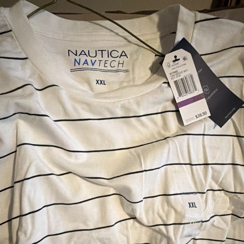 Nautica Navtech Men's XXL White/Blue Striped Crew Neck Short Sleeve T-Shirt