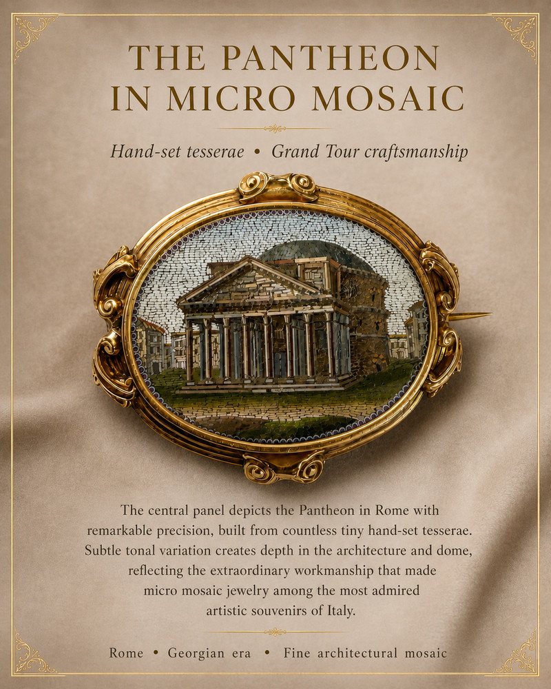 Antique Gold Oval Micro Mosaic Brooch The Pantheon in Rome Late Georgian 1830's