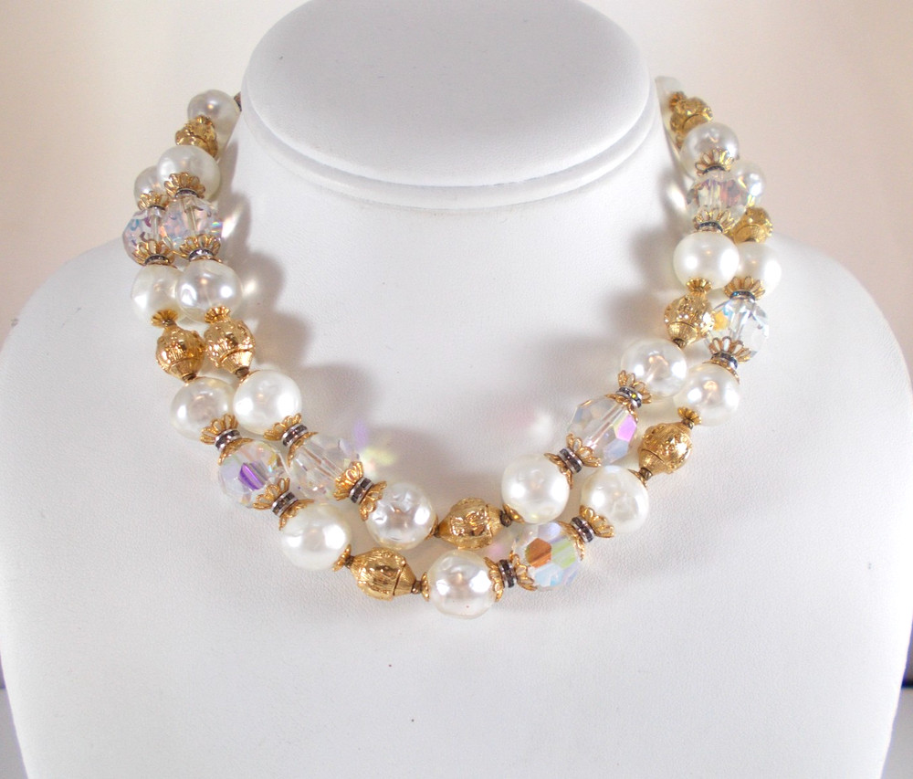 VTG Signed Trifari Crystals Faux Pearls Gold Beads 2 Strand Choker Necklace