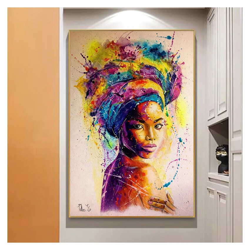 Abstract African Girl Canvas Painting Black Woman Graffiti Art Print Wall Mural-image