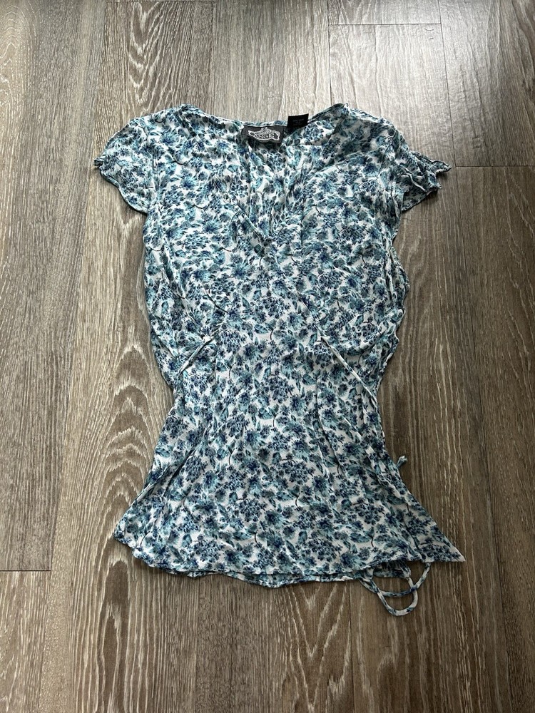 Angie Blue Floral Chiffon Cinched V Neck Top M Boho Fairy Whimsy Ditsy