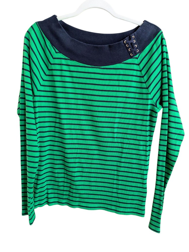 Lauren Ralph Lauren Green Blue Striped Top Boatneck Shirt XL Runs Small