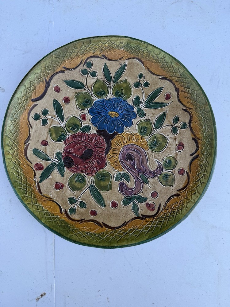 Vtg Italian Majolica Sgraffito Wall Plate 12” Dipinto A Mano Hand Painted Flower