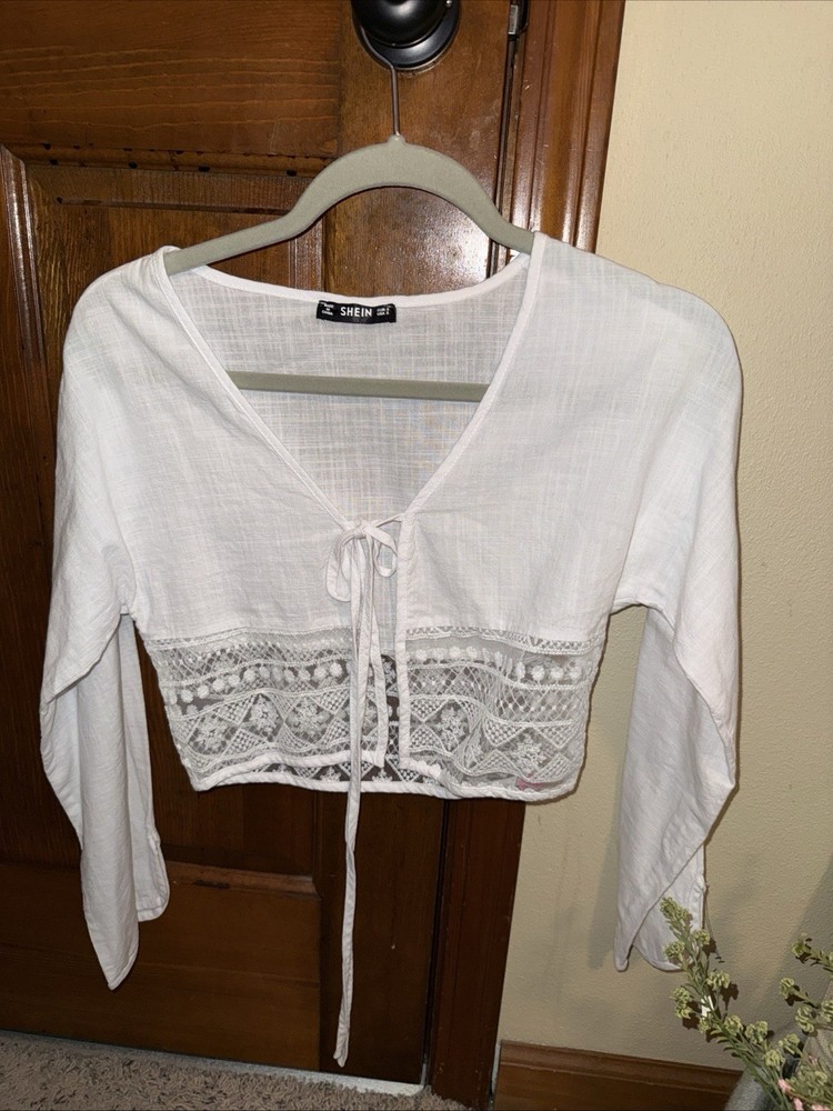 SHEIN Women’s S White Ribbed Knit V-Neck Tie Front Cropped Long Sleeve Top