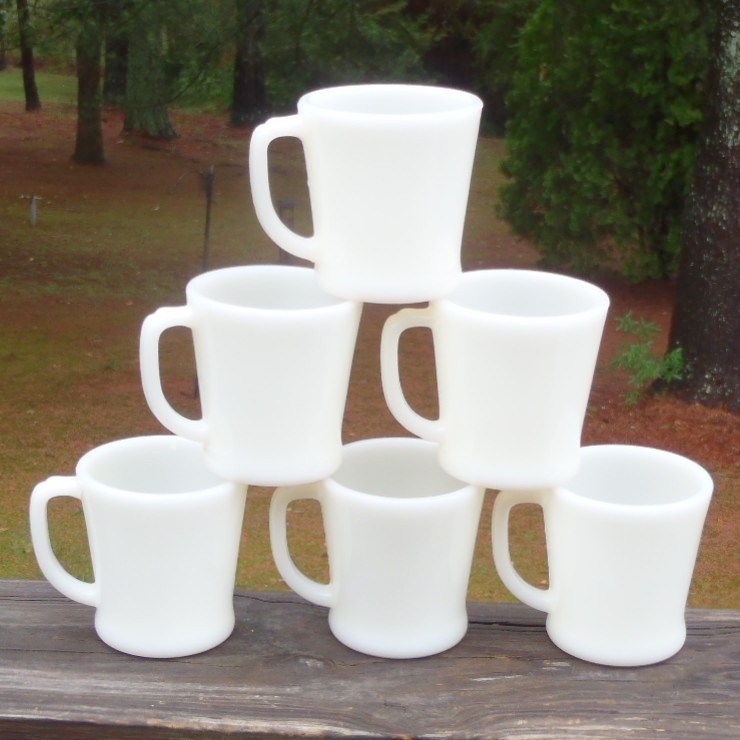 Vintage SET of 6 FIRE KING Ivory White Oven Ware Glass D-Handle 8 Oz Coffee MUGS