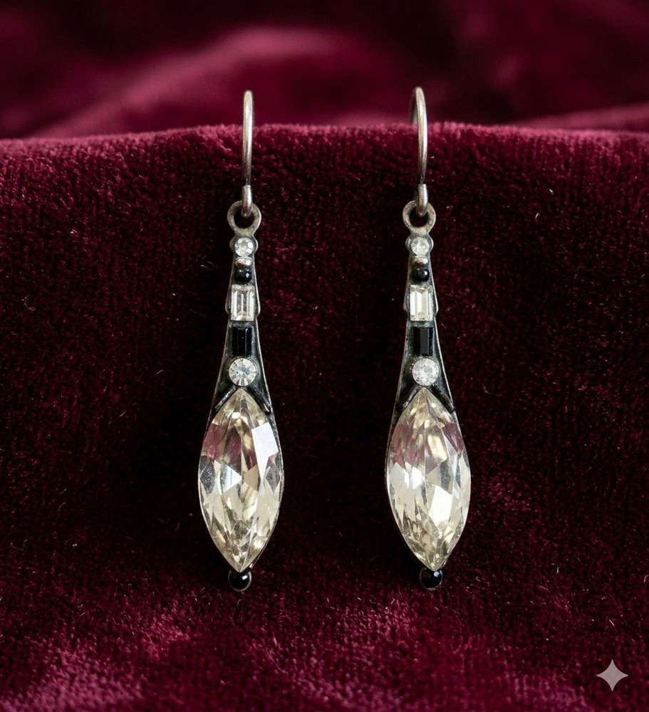 Firefly Vintage Crystal Dangle Drop Earrings Black Clear Mosaic Art Deco Boho