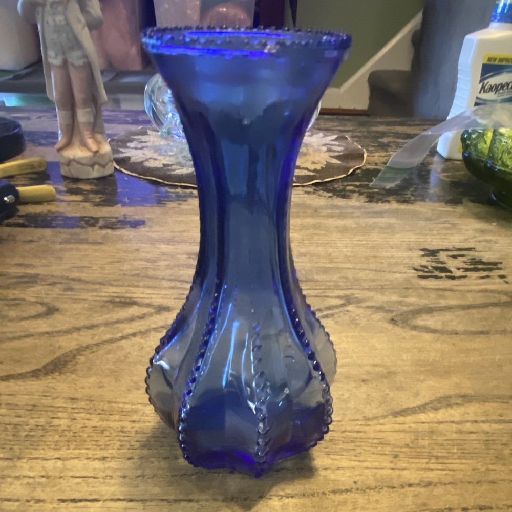 Unmarked Blue Glass Bud Vase Decorative Beaded Rim 8 in Tall