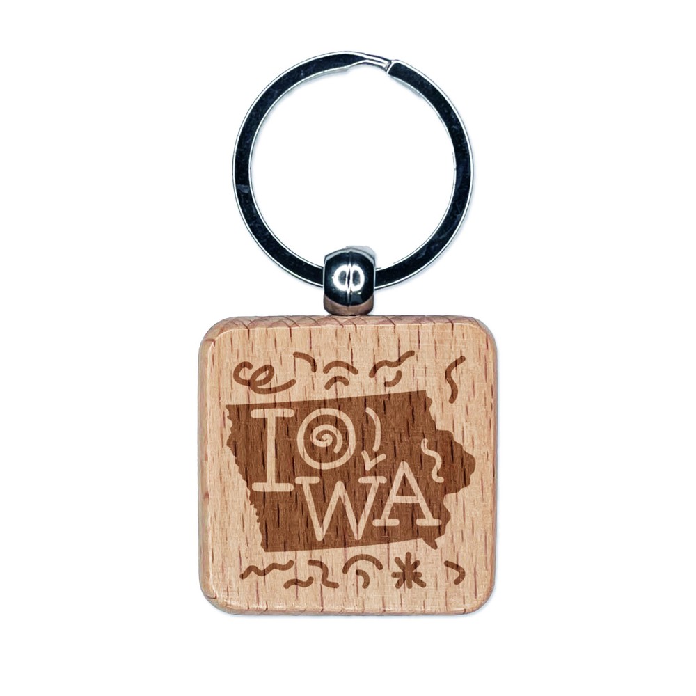 Iowa State Engraved Wood Keychain with Text Swirls