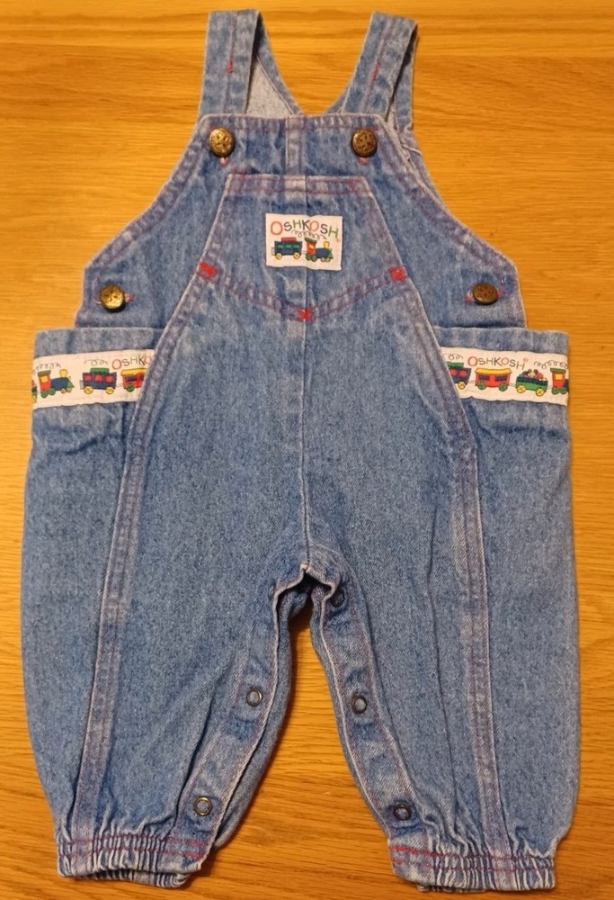Vintage OshKosh Boys Vestbak Denim Bubble Overalls w/ Trains - 3/6M