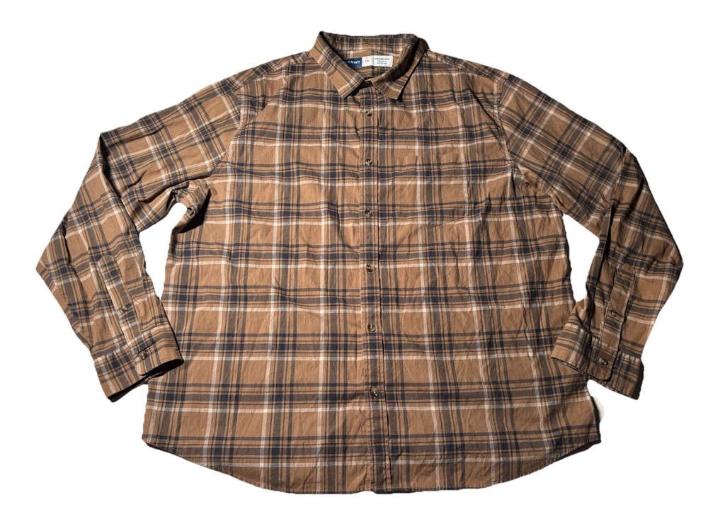 Old Navy Men’s Sz  XXL Brown Plaid Cotton Blend Long Sleeve Button Up Shirt