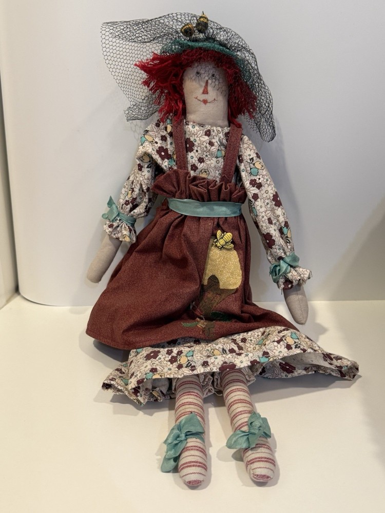 Handmade Primitive Vintage Raggedy Ann Doll With Bees In Her Bonnet
