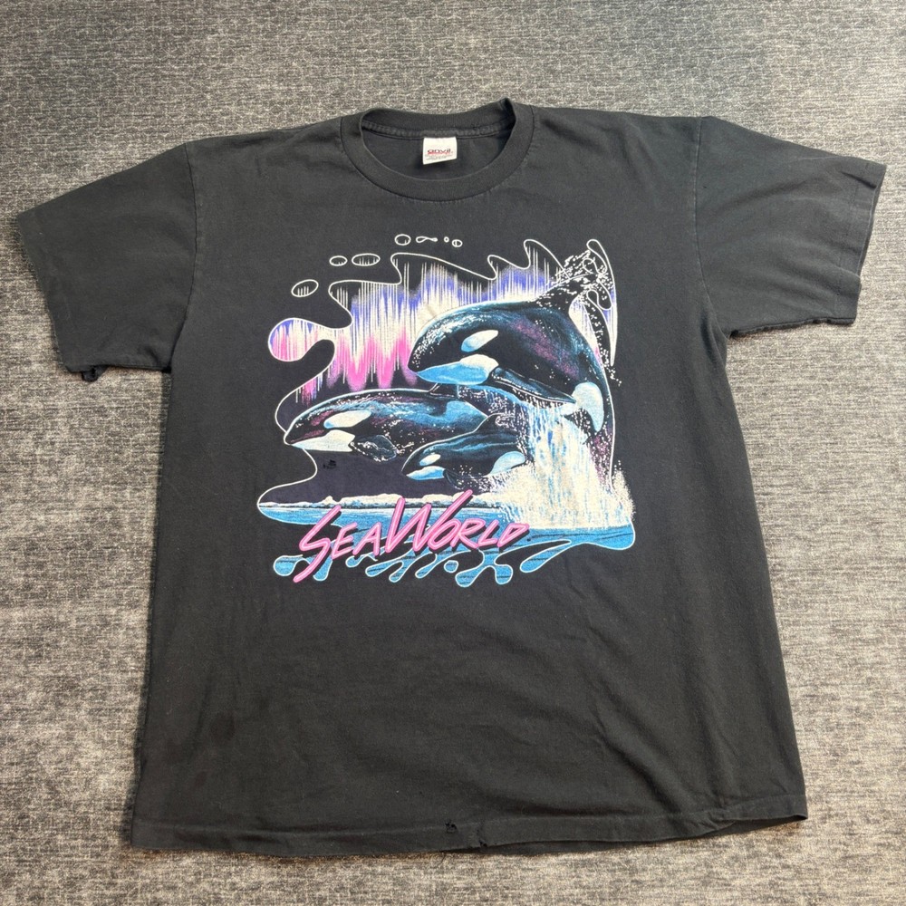 Vintage 90s SeaWorld Orca Whale Graphic T-Shirt Black Anvil XL Neon Retro Nature
