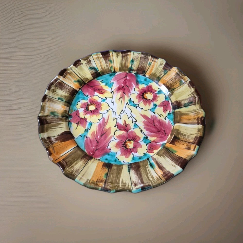 Vintage Italian Majolica Plate Hand Painted Floral Scalloped Edge Made in Italy