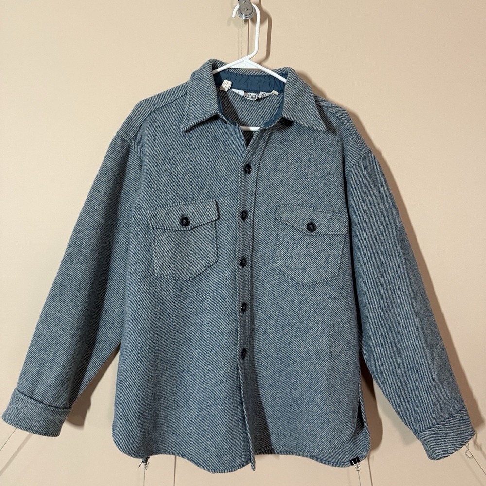 Woolrich Herringbone Gray Blue Wool Shirt Jacket Men's Fall Winter Button-Up XL