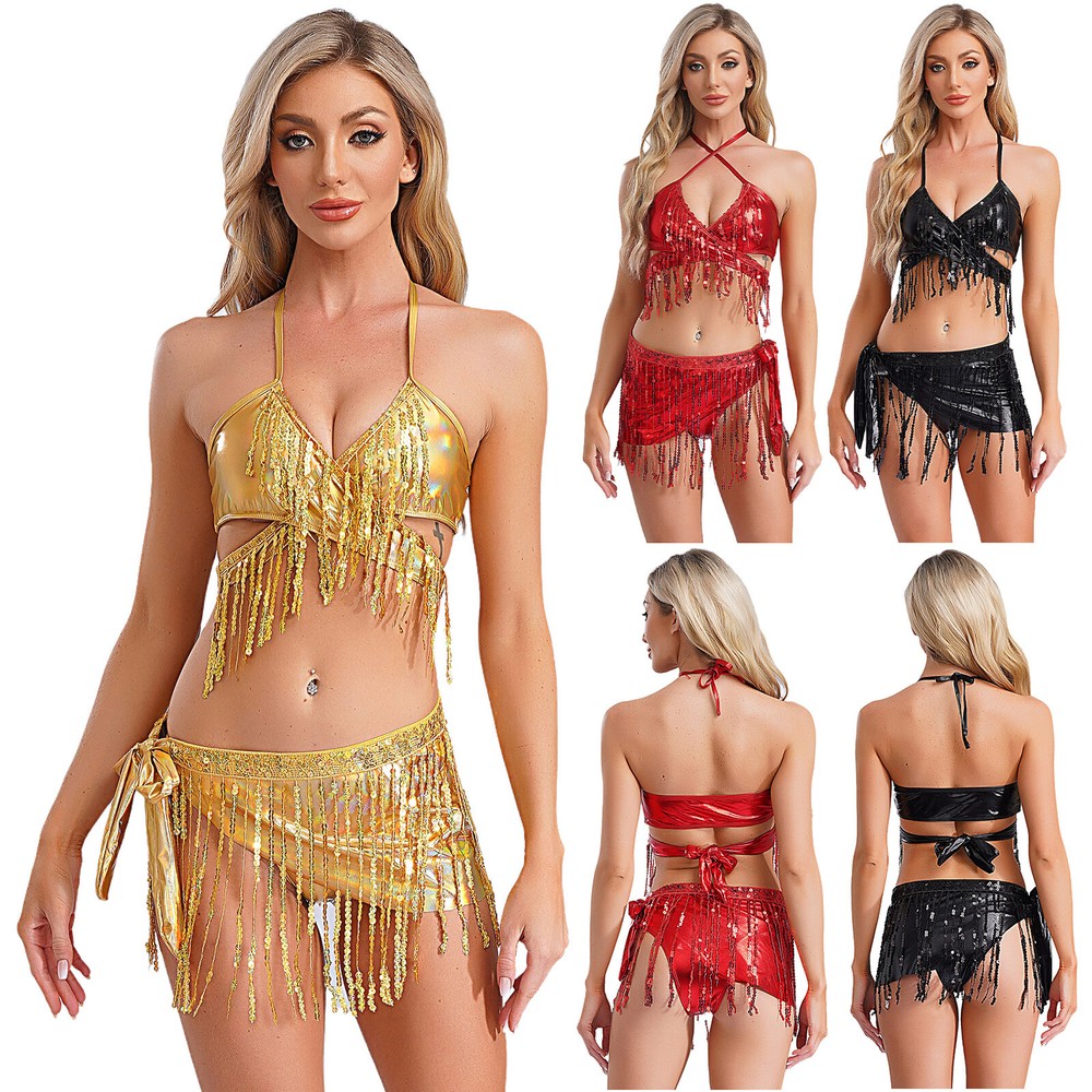 Sparkly Women's Skirt Dancewear Set with Removable Bra for Club or Swim
